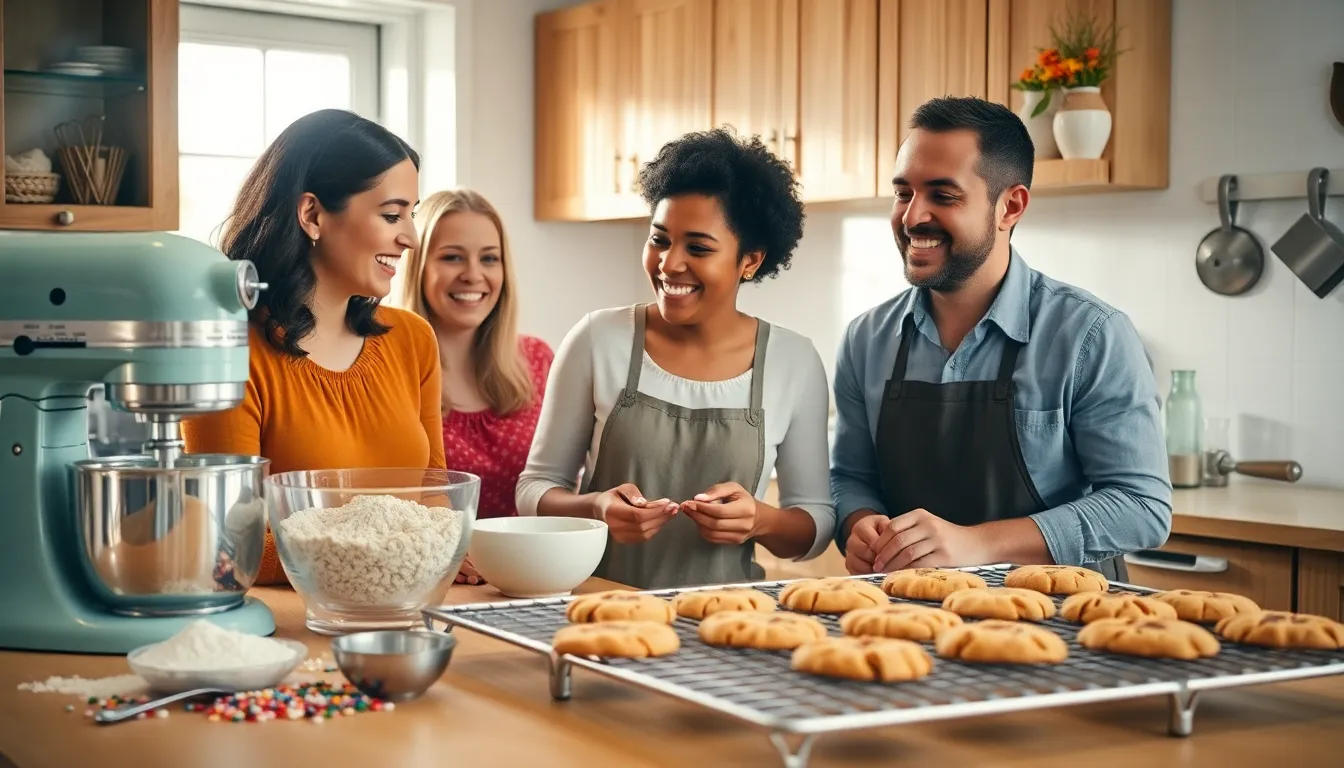 diverse group of people baking cookies in a cozy kitchen.