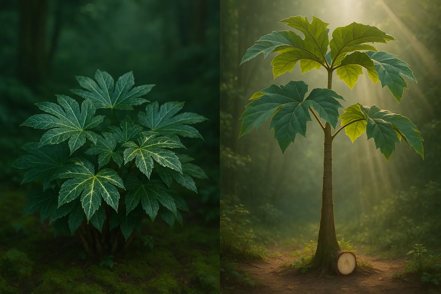 Fatsia shrub in shade beside tall Tetrapanax with large leaves, morning light