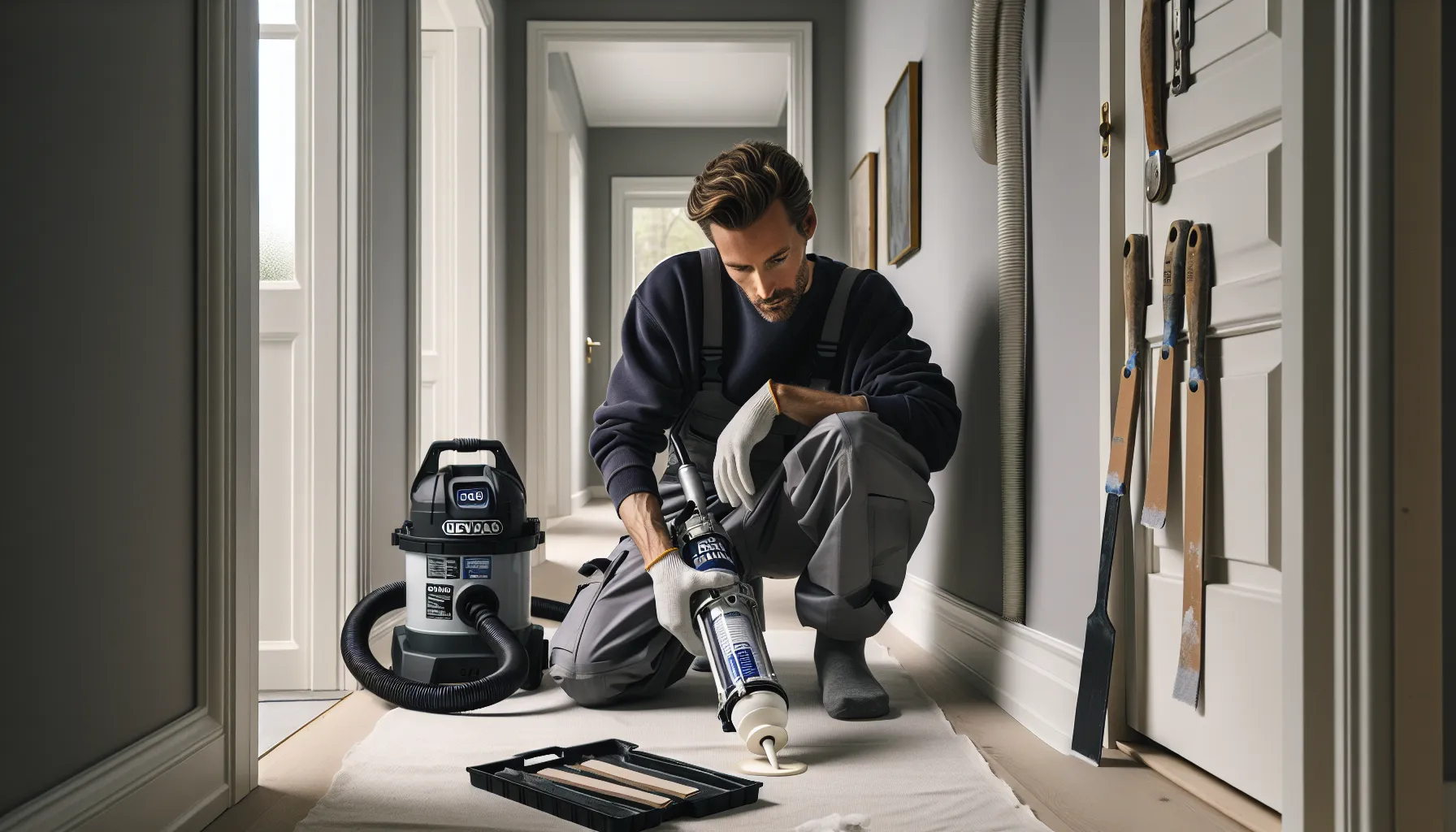 Pro painter caulking a door frame with sanding and cleaning tools nearby.
