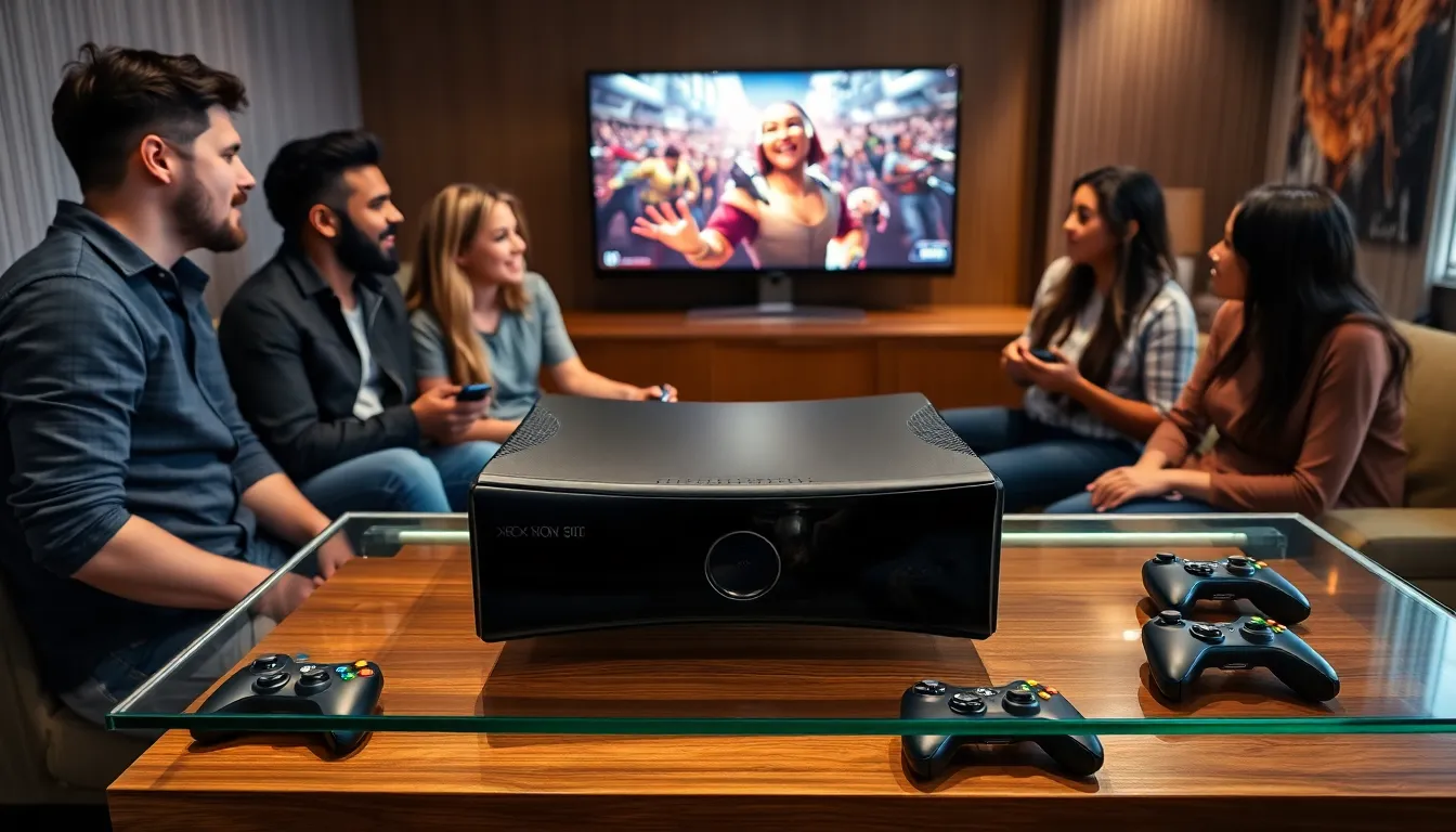 diverse group discussing gaming around a jailbroken Xbox 360.