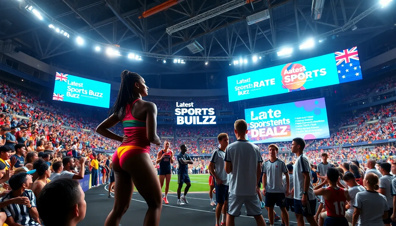 athletes preparing for competitions with spectators in a lively sports arena.