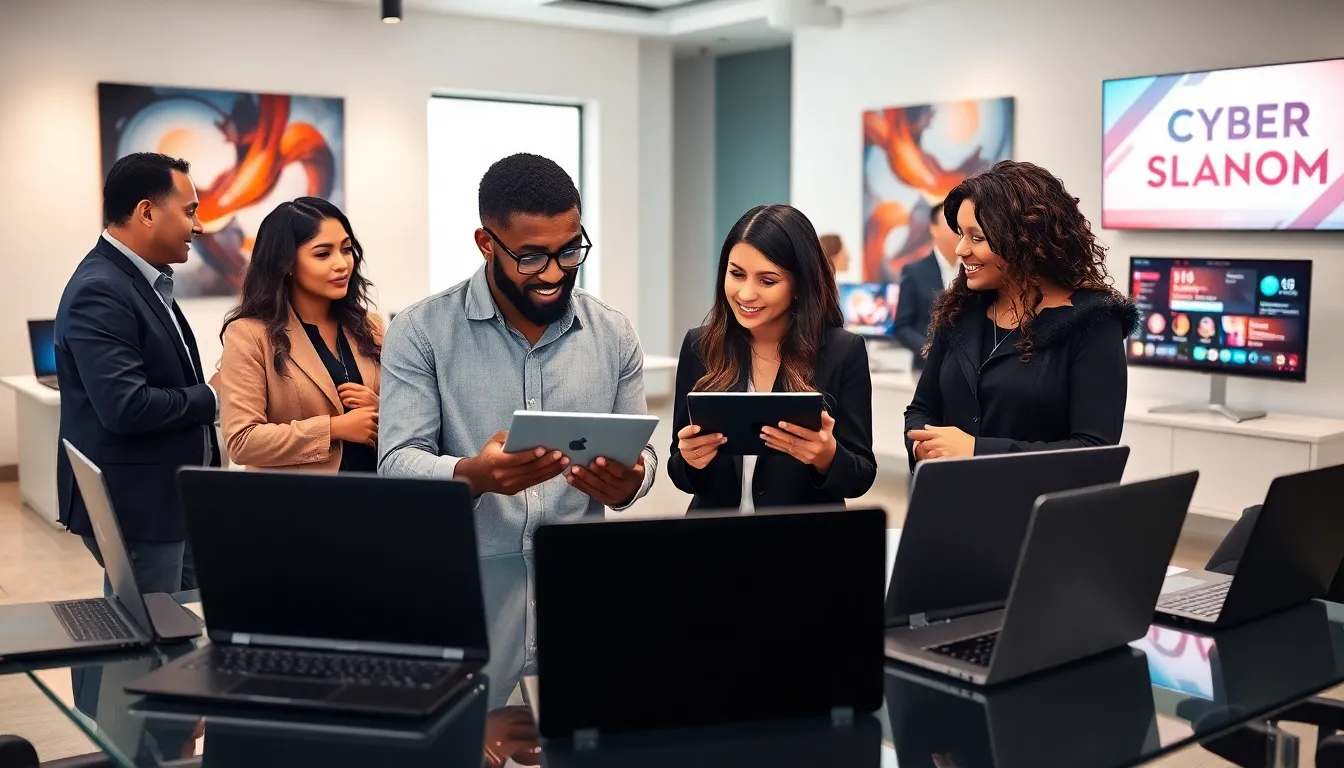 diverse team discussing laptop purchases on Cyber Monday.