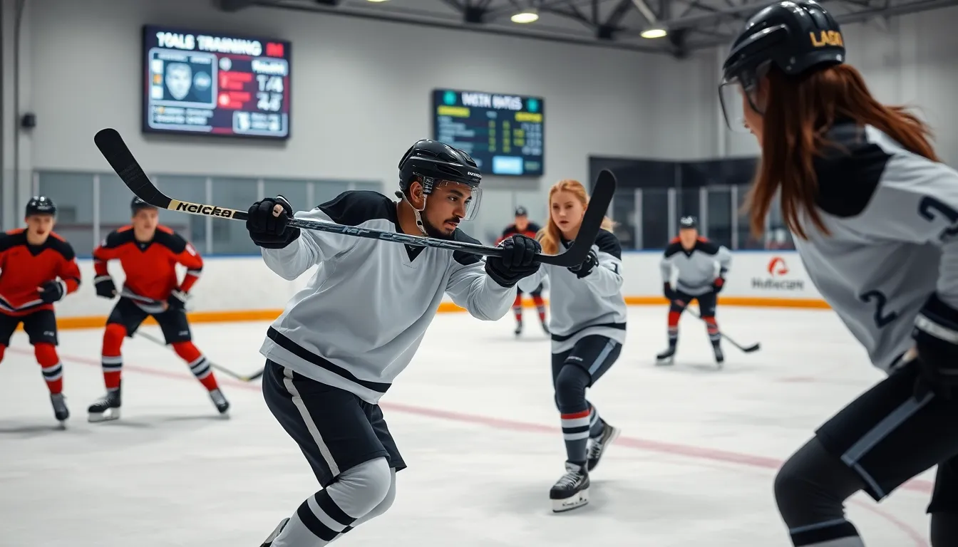 hockey players training indoors, focusing on speed and analytics.