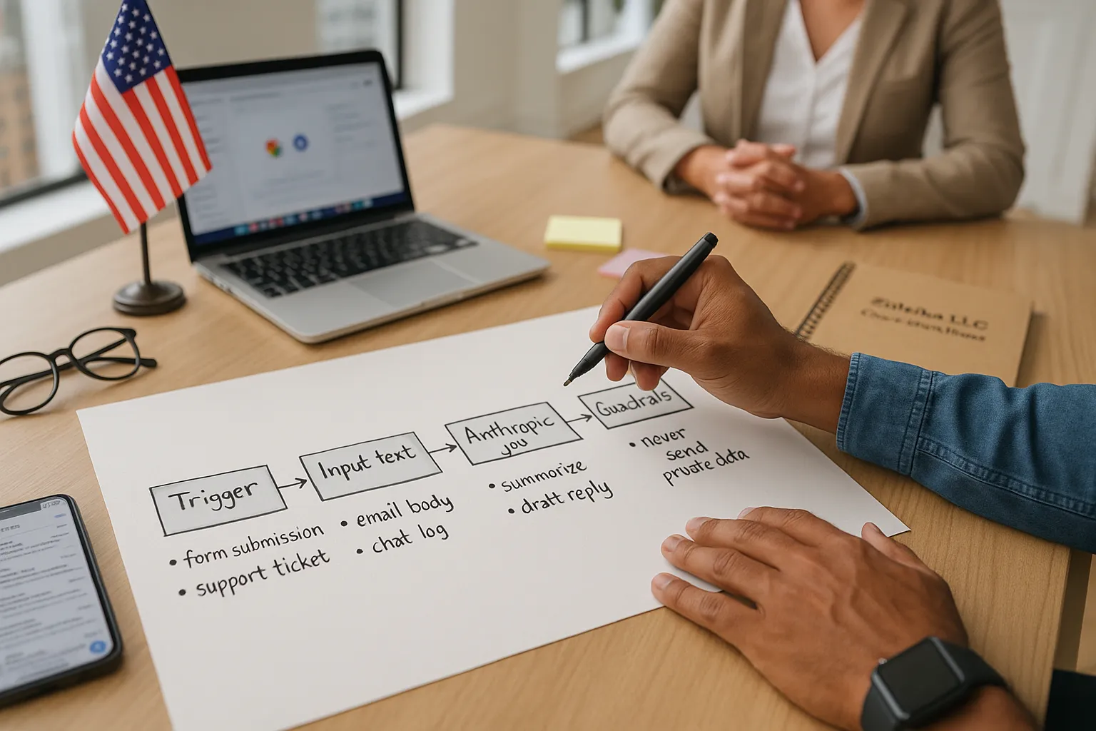 Person sketching an Anthropic workflow by hand on paper at a modern office desk.