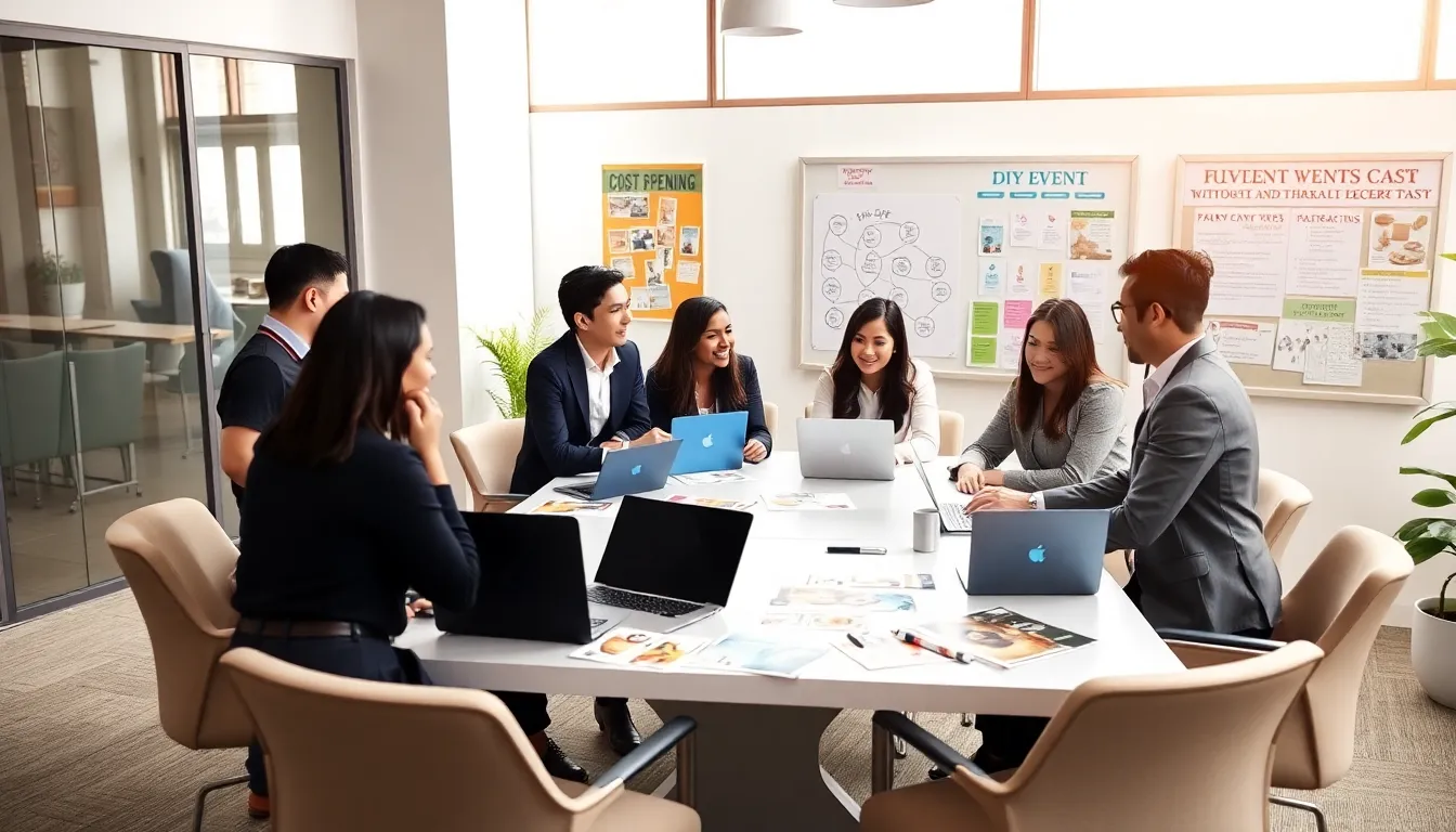 diverse professionals collaborating on budget-friendly event planning.
