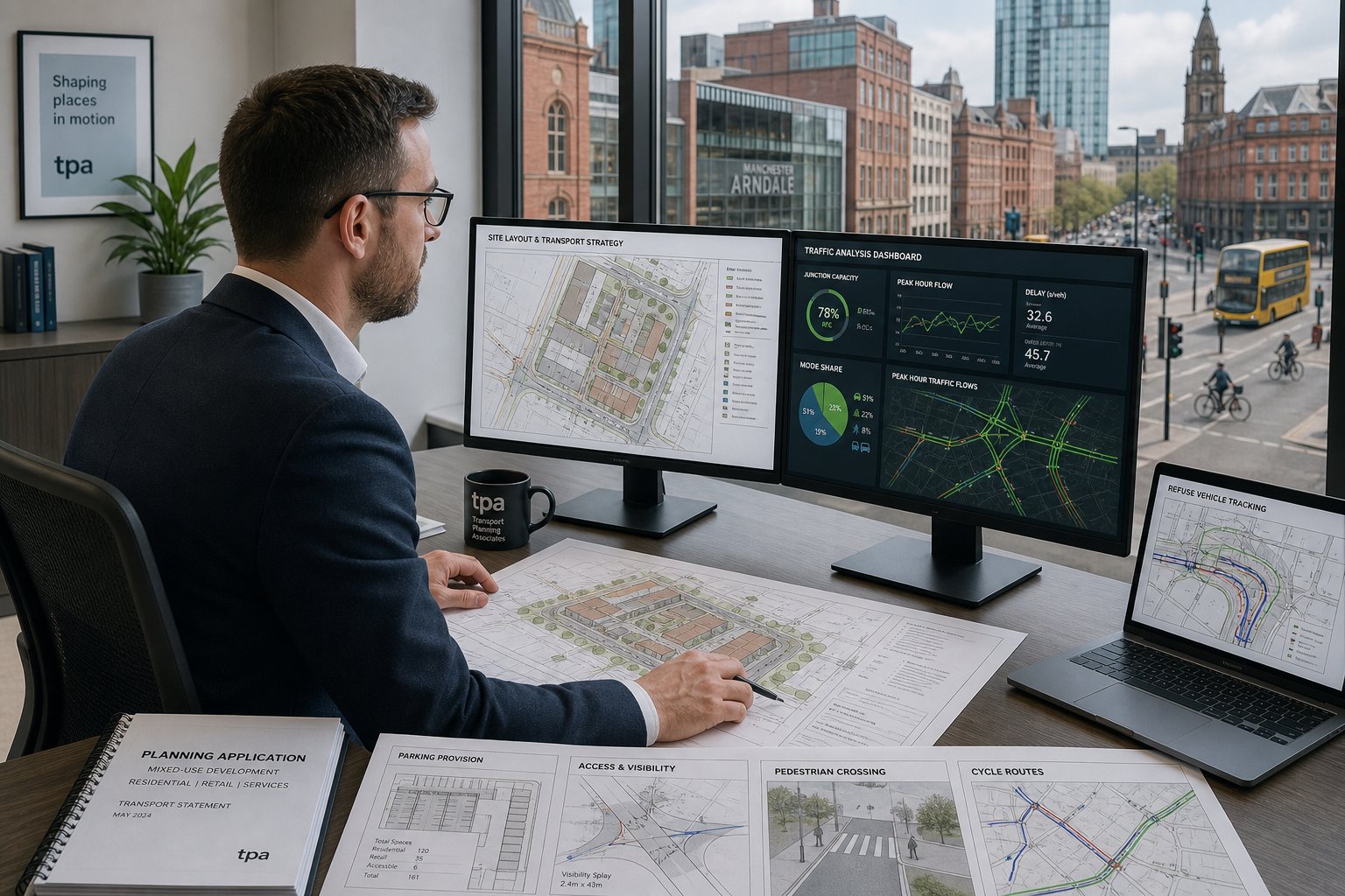 Traffic engineer reviewing a Manchester planning application in a modern office.