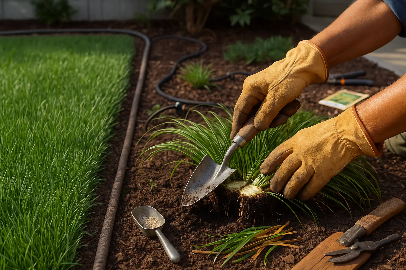 Gardener dividing a Carex clump beside a neat fescue lawn at mid-morning.