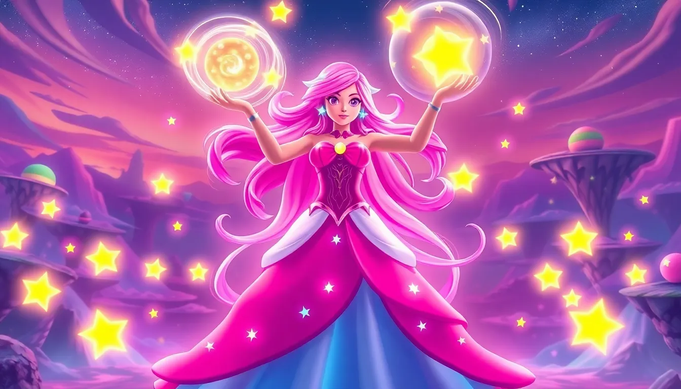 Rosalina manipulating gravity with Lumas in a colorful 4D game world.
