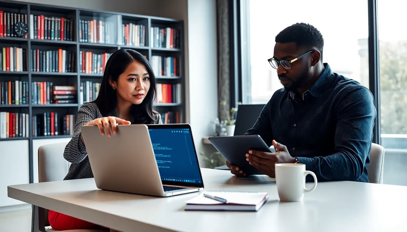 developers discussing C++ code in a modern office setting.