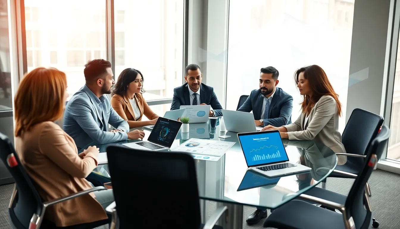 diverse team collaborating in a modern office showcasing technology solutions.