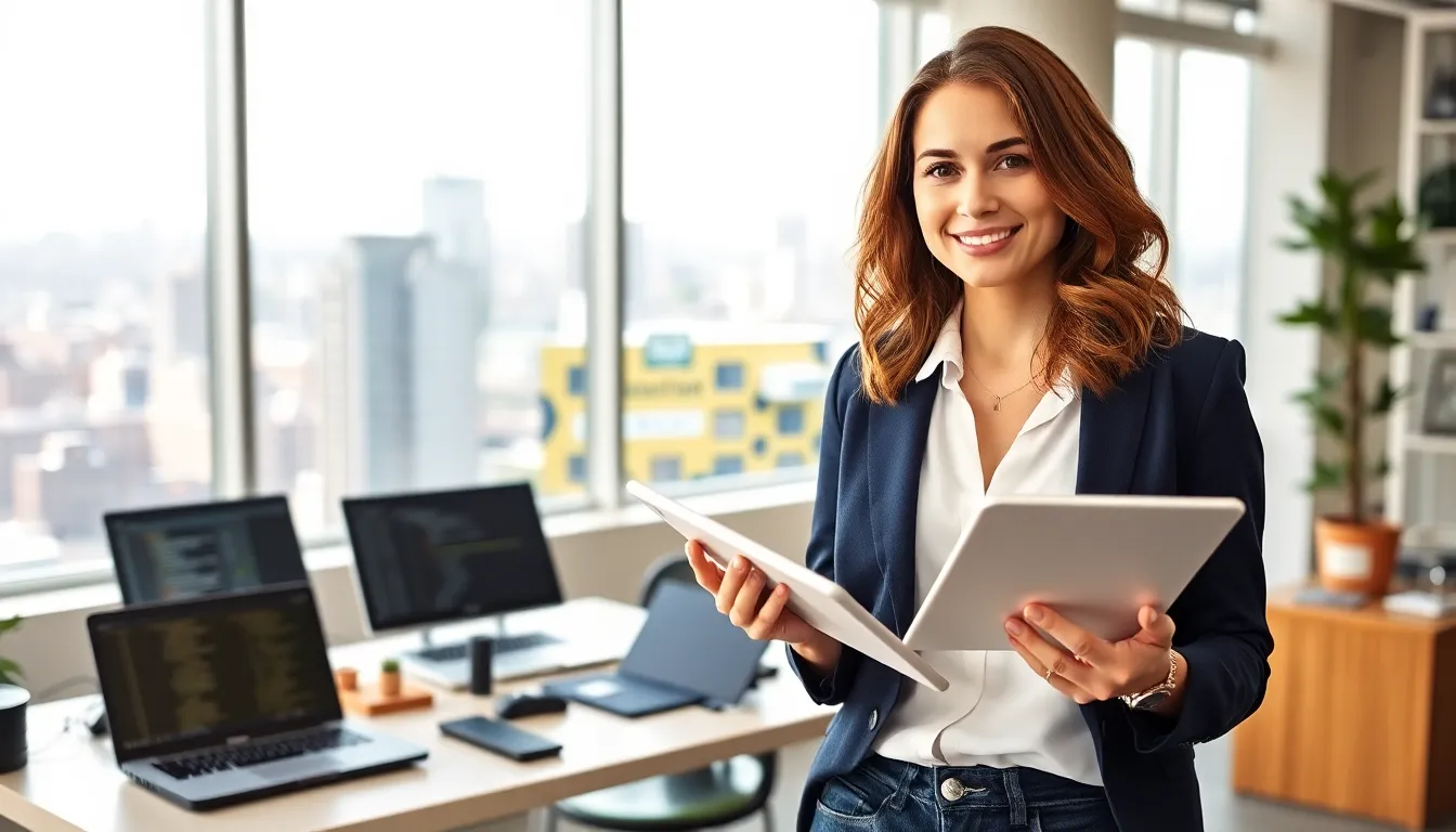 Rebecca Applewhite in a modern office, engaging with technology and embodying innovation.