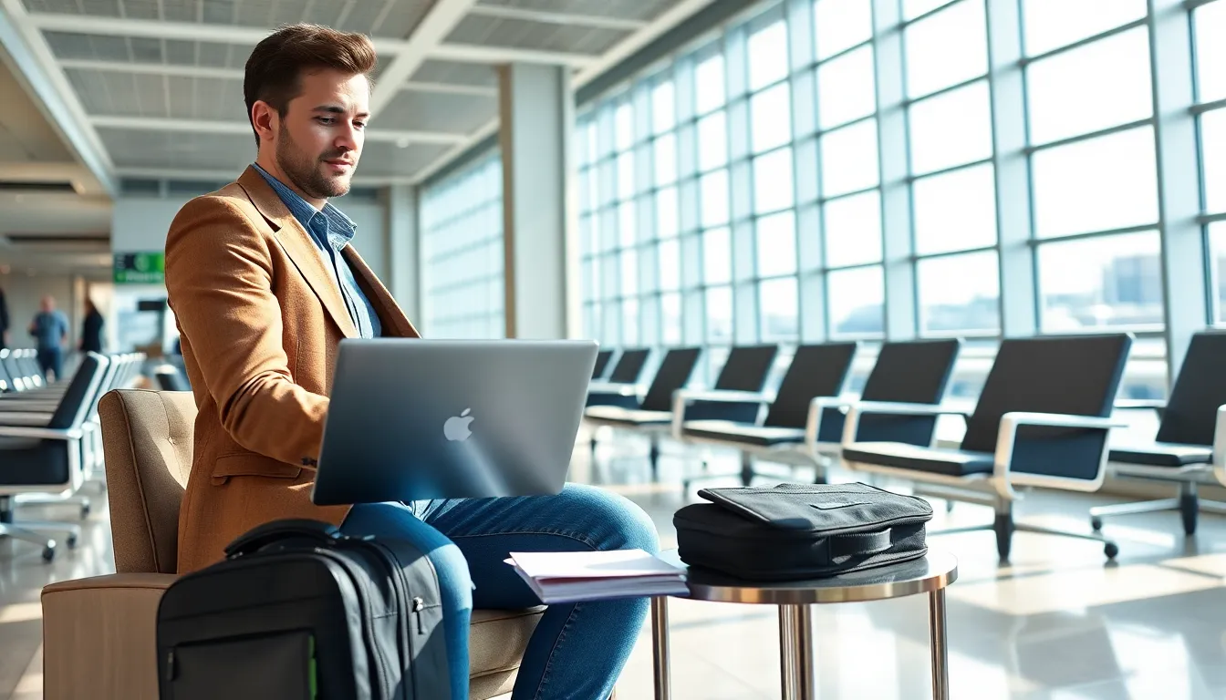 a traveler purchasing travel insurance in a modern airport lounge.