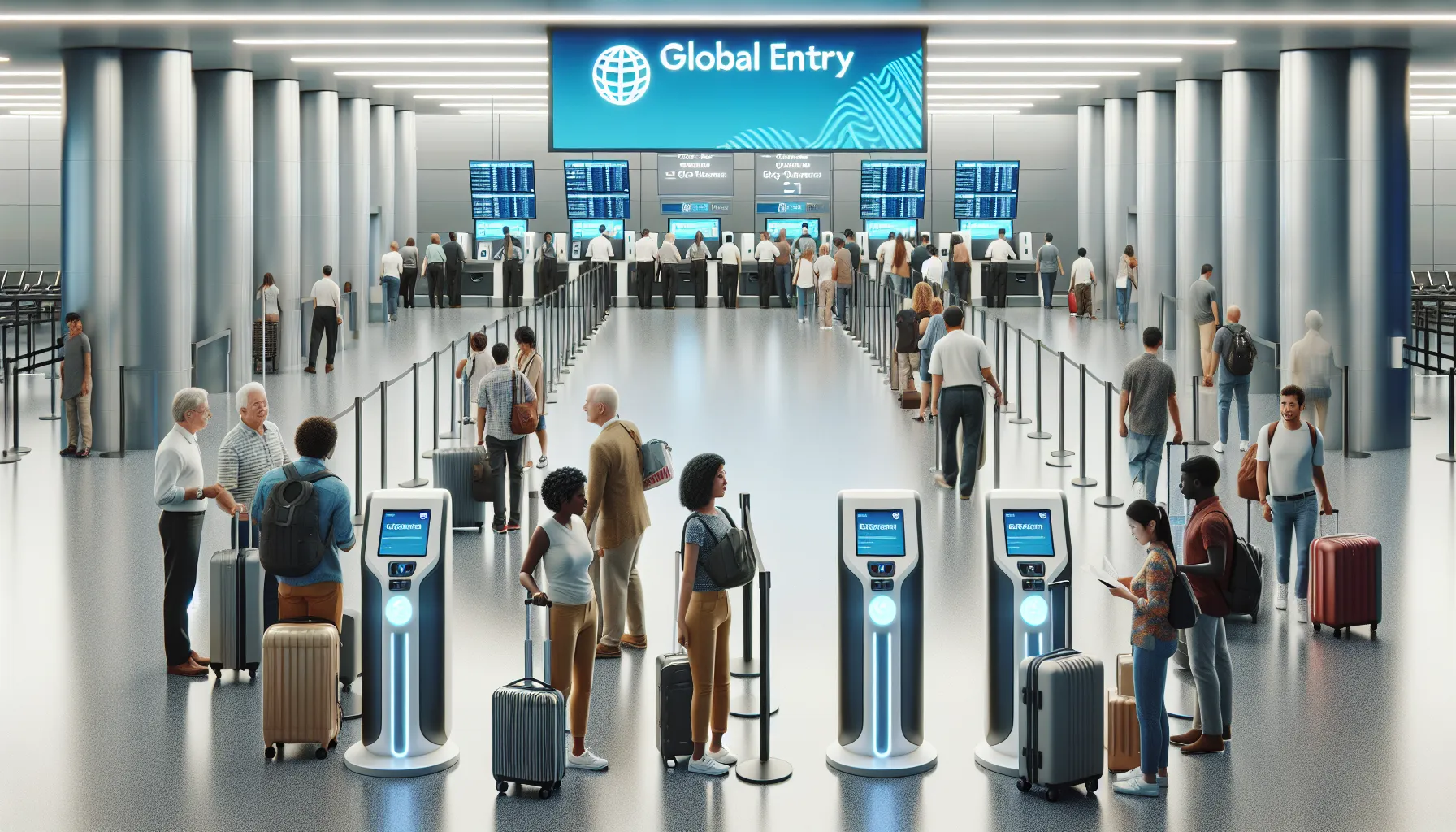 Travelers using Global Entry kiosks in a U.S. airport customs area.