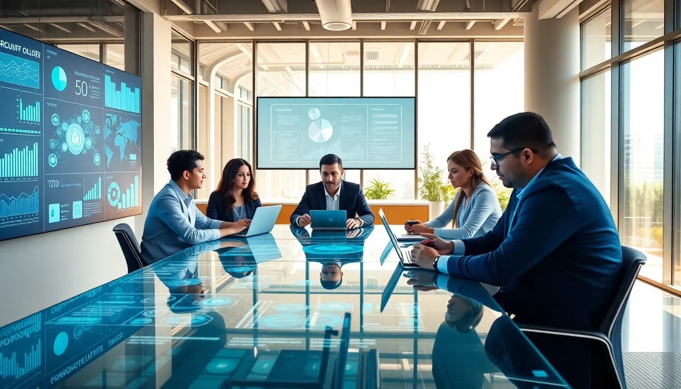 diverse team collaborating on emerging procurement technologies in an office.