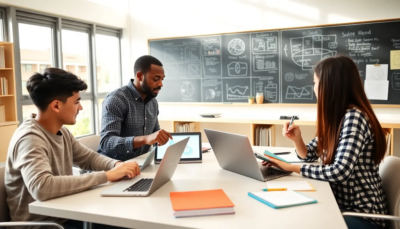 diverse students collaborating on study skills in a modern classroom.
