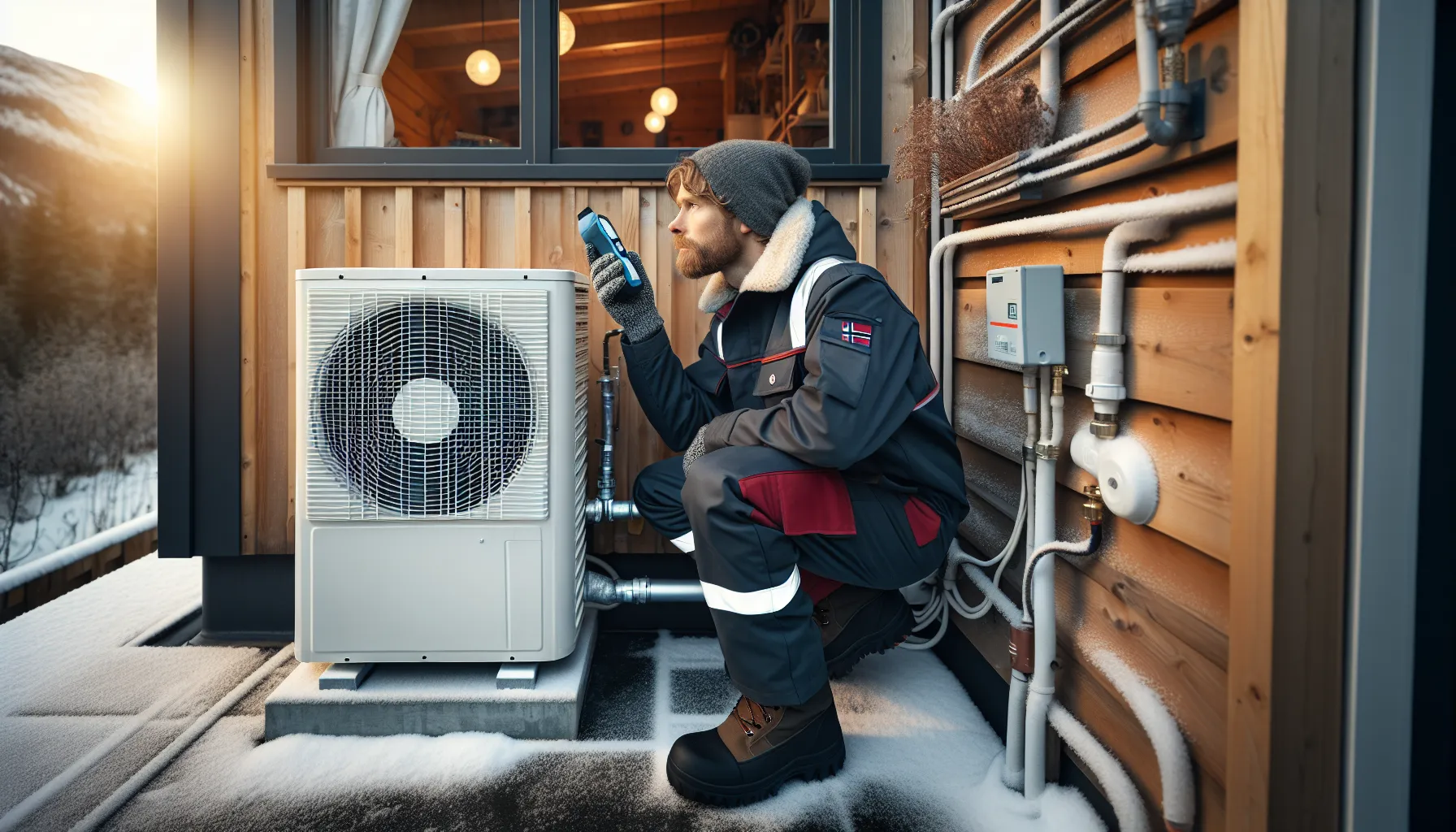 Norwegian technician inspecting an outdoor heat pump unit for early compressor problems.