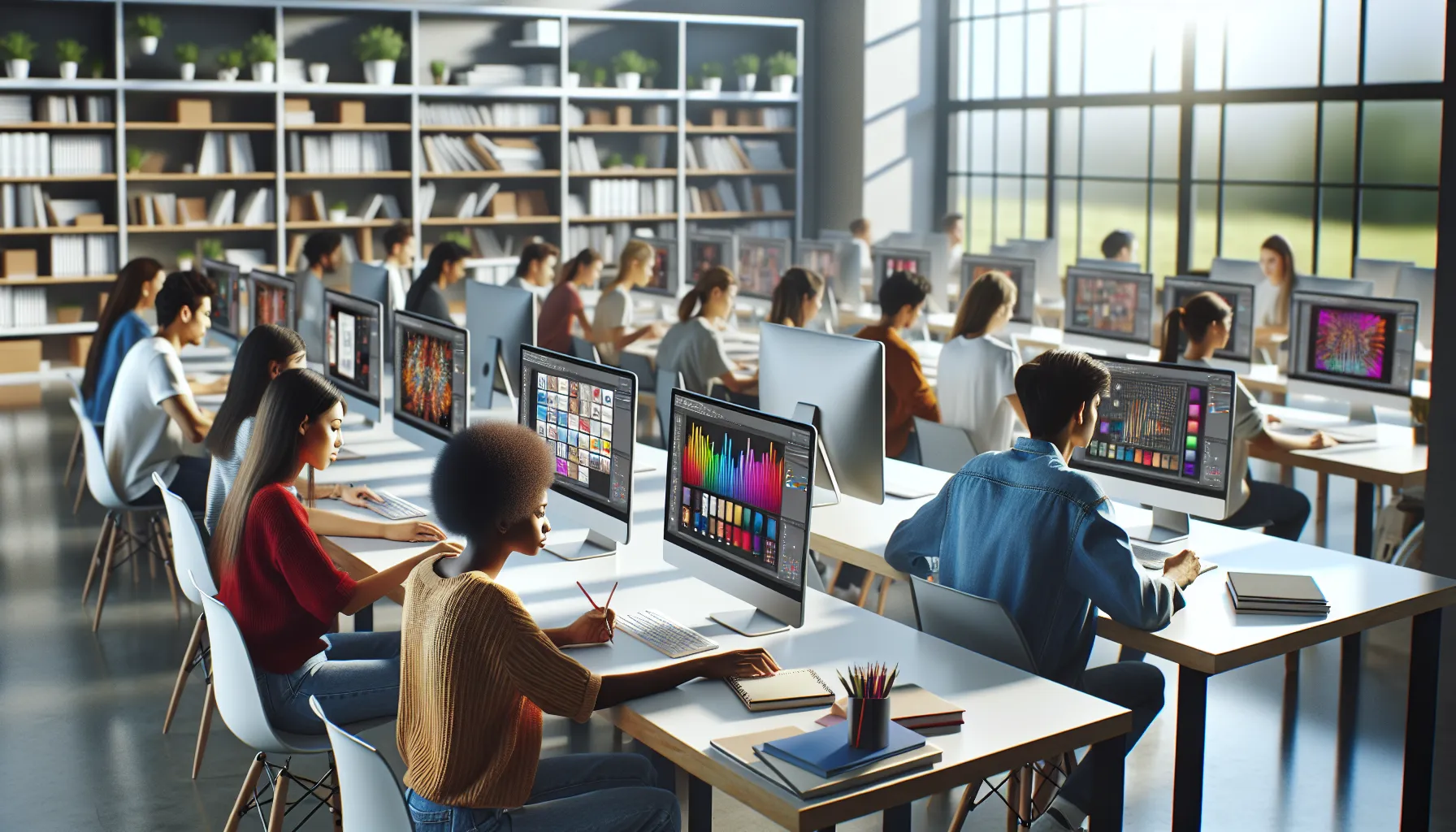 diverse students engaged in a Photoshop course in a modern classroom.