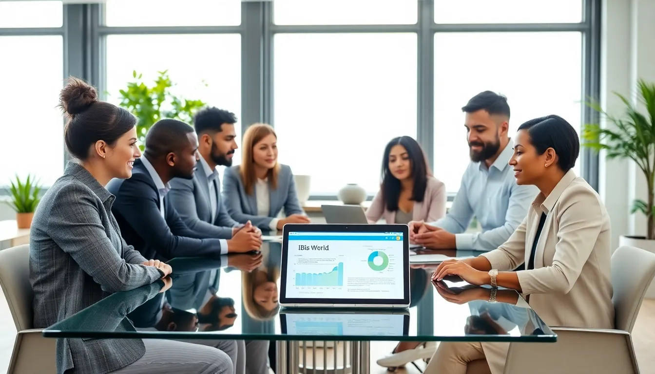 diverse team discussing Ibis World report in a modern office.