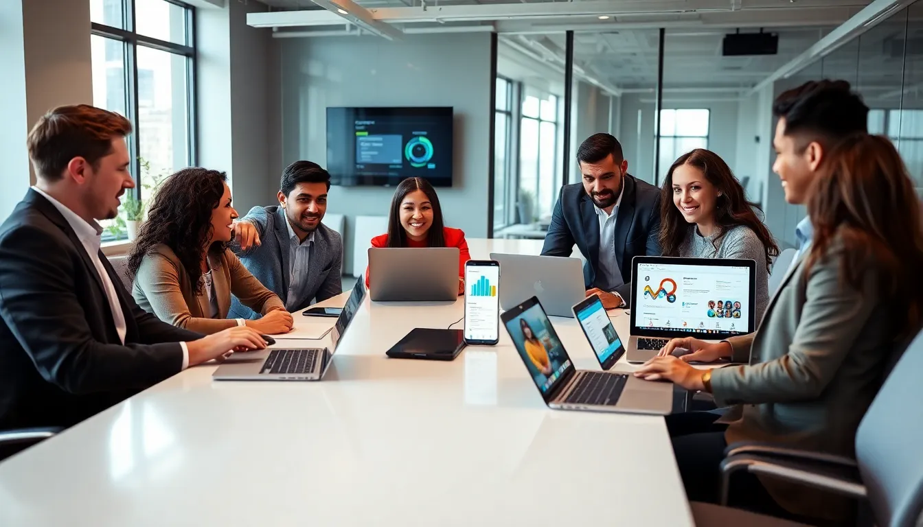 diverse marketing team discussing mobile marketing app strategies in an office.