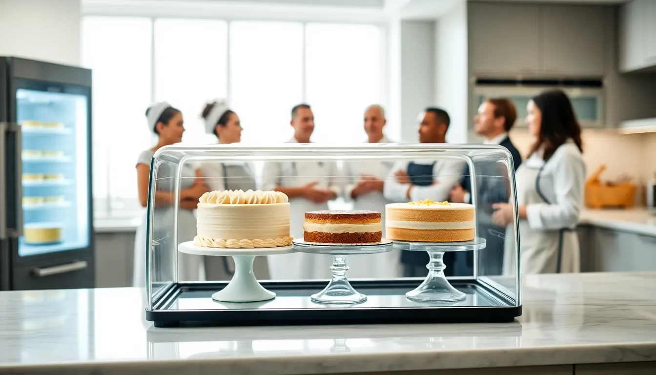 chefs discussing cake storage in a modern kitchen.