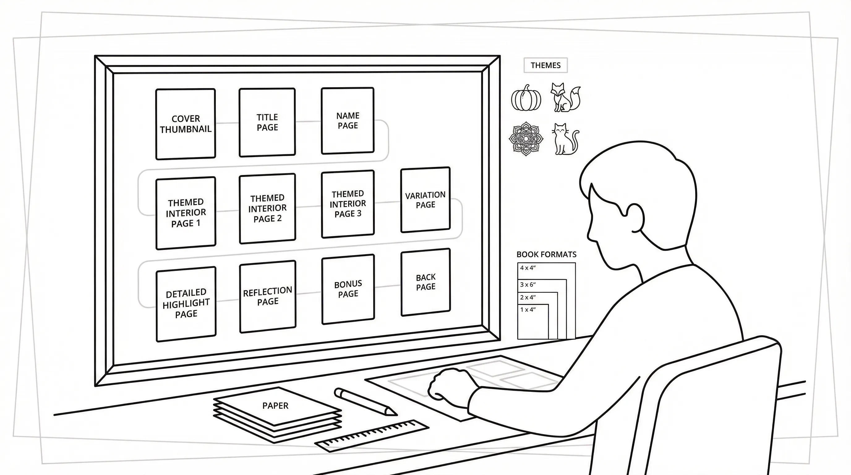 Person outlining a coloring book page plan on a desk.