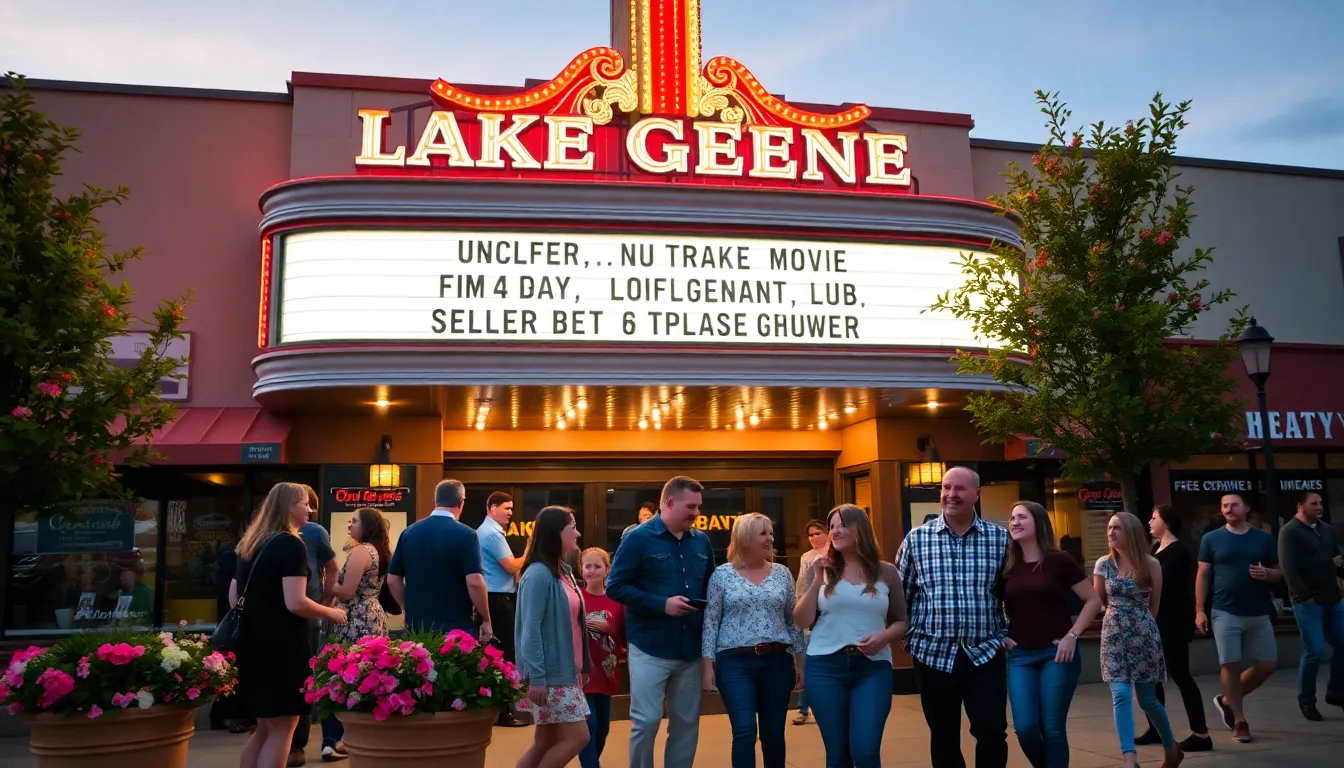 Lake Geneva Movie Theater with patrons enjoying the atmosphere outside.
