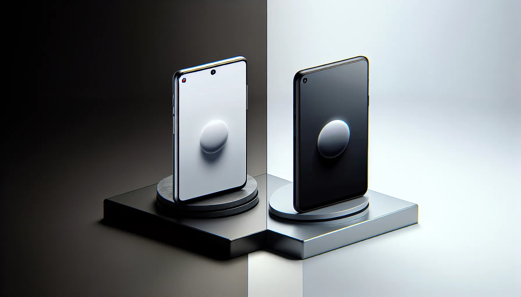 Apple and Android smartphones on a stylized table.