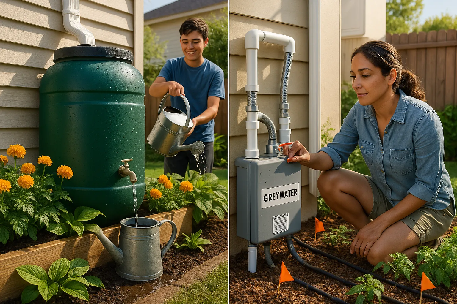Homeowner operating a rainwater barrel and a greywater diverter in backyard