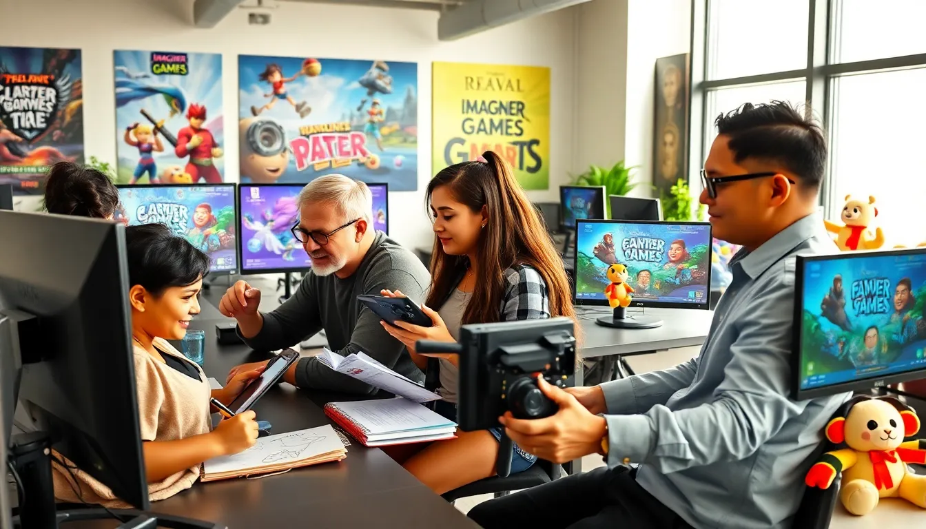 game developers collaborating in a vibrant office at Imagineer Games.