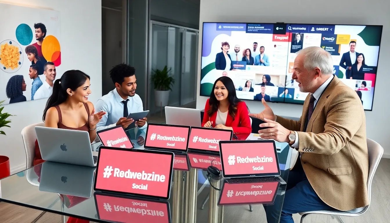 diverse team discussing #Redwebzine Social in a modern office.