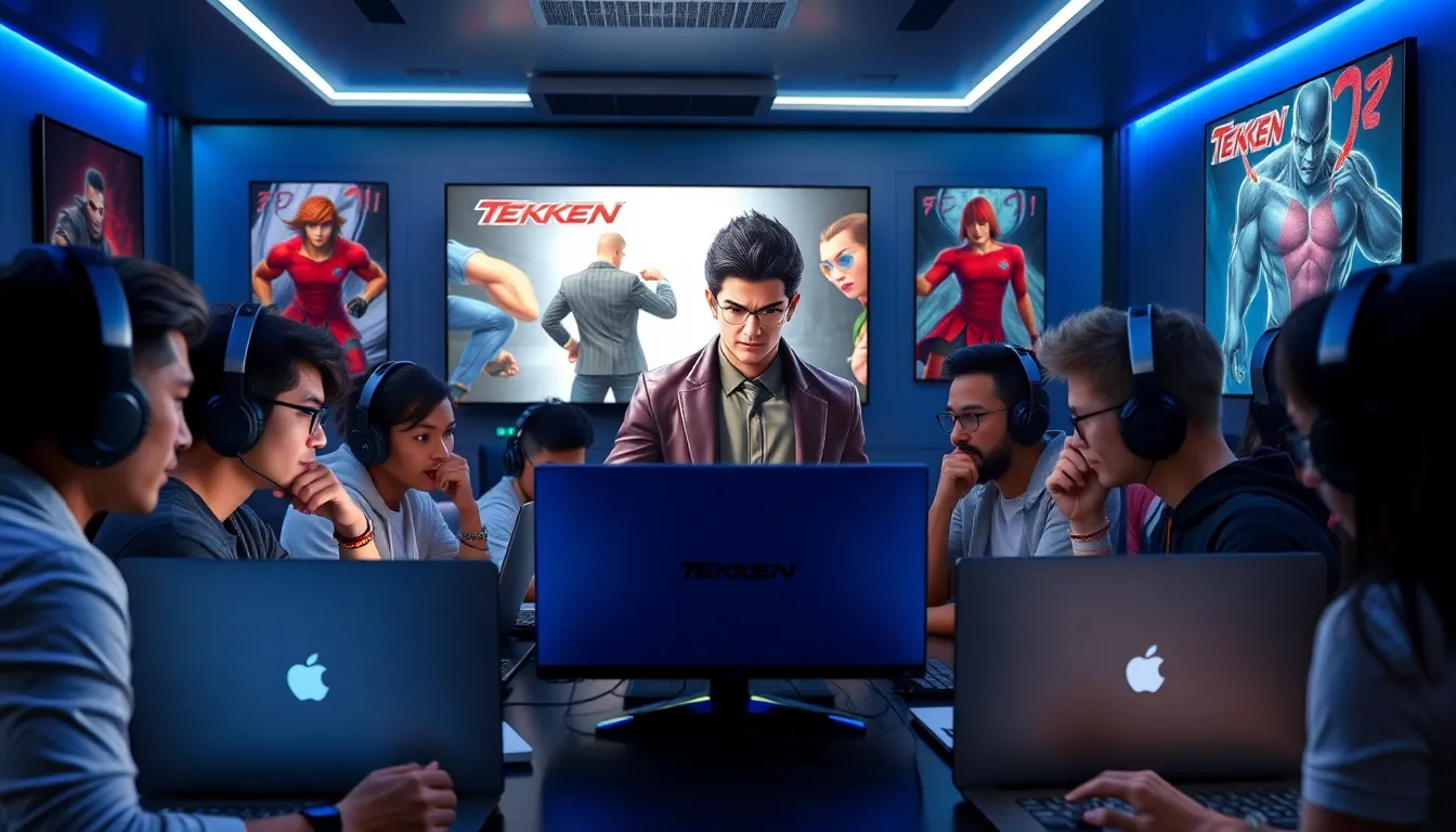 gamers discussing Lee Chaolan from Tekken 8 in a modern studio.