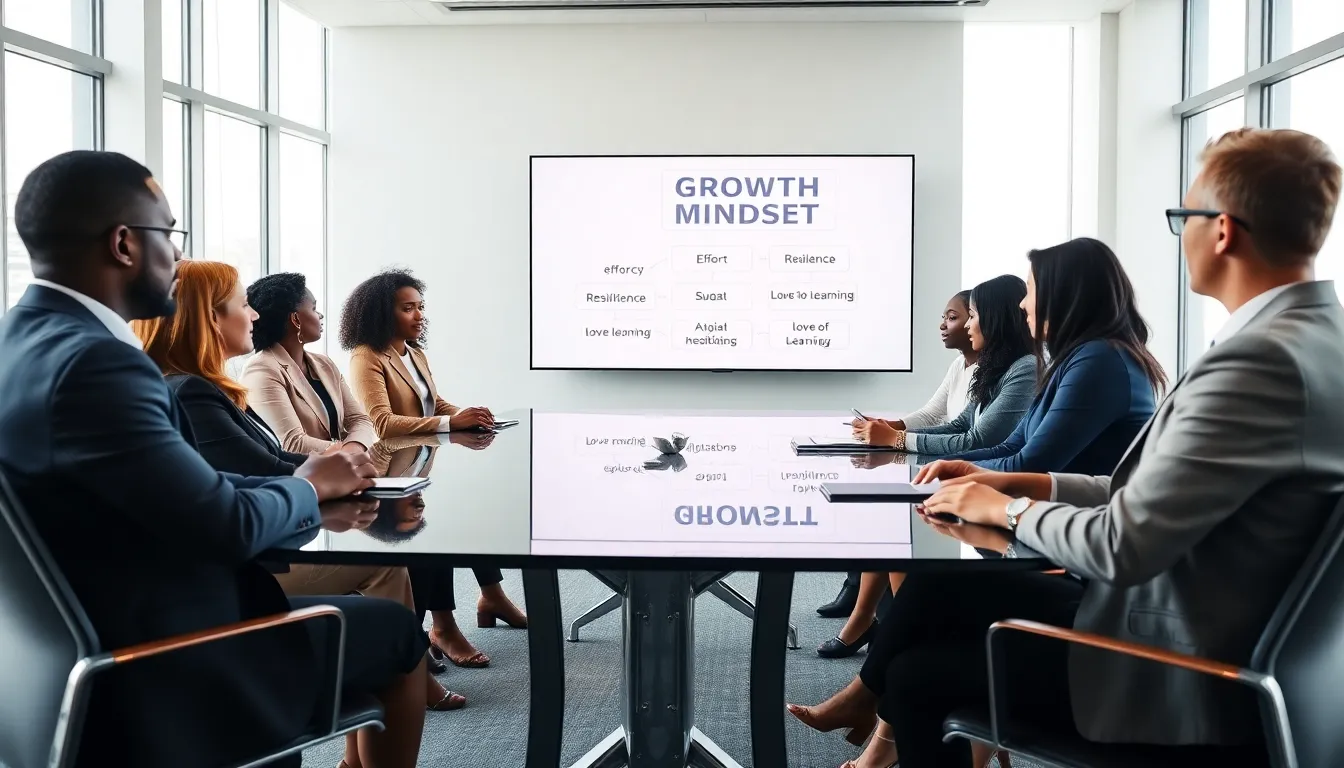 diverse team discussing growth mindset in a modern conference room.