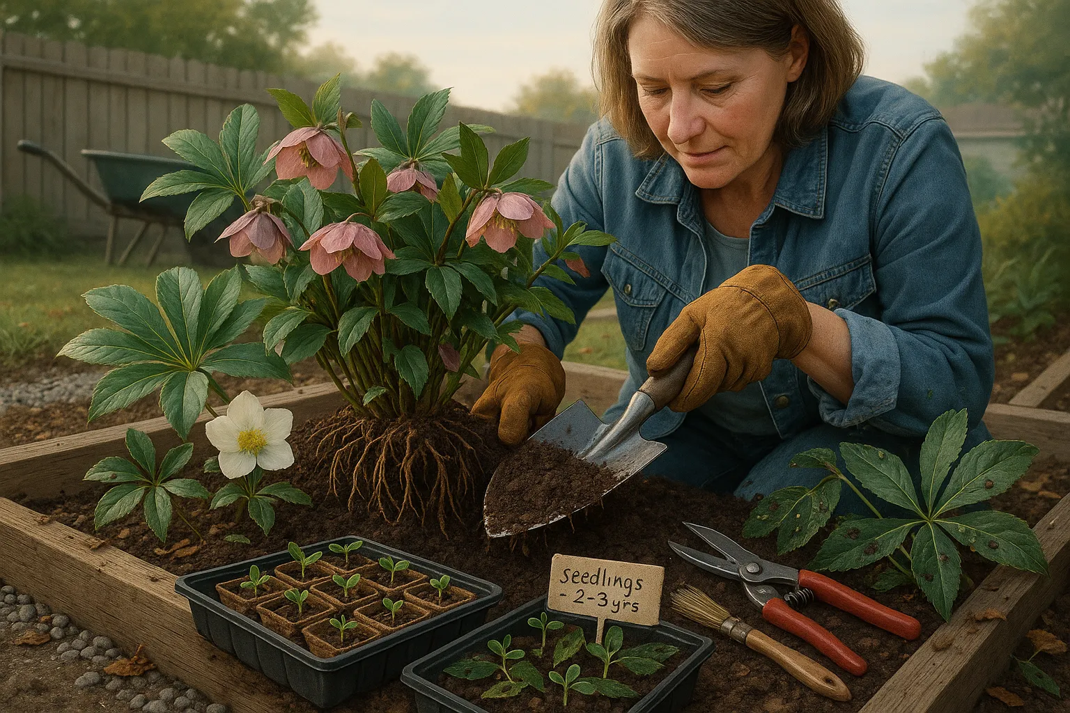 Gardener dividing hellebores with spade, seedlings and leaf spots visible.