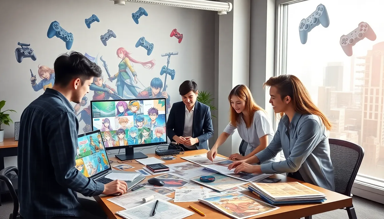 diverse team collaborating on a gaming anime project in a modern studio.