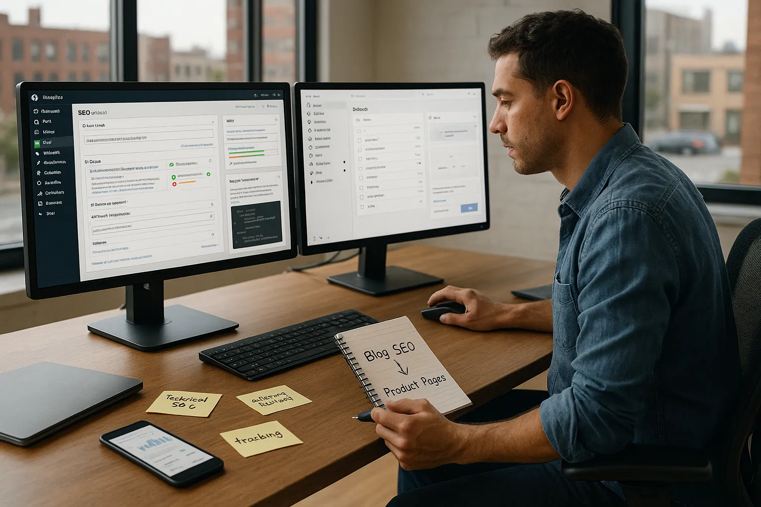 Marketer compares WordPress-style SEO plugin and Shopify admin on dual monitors.