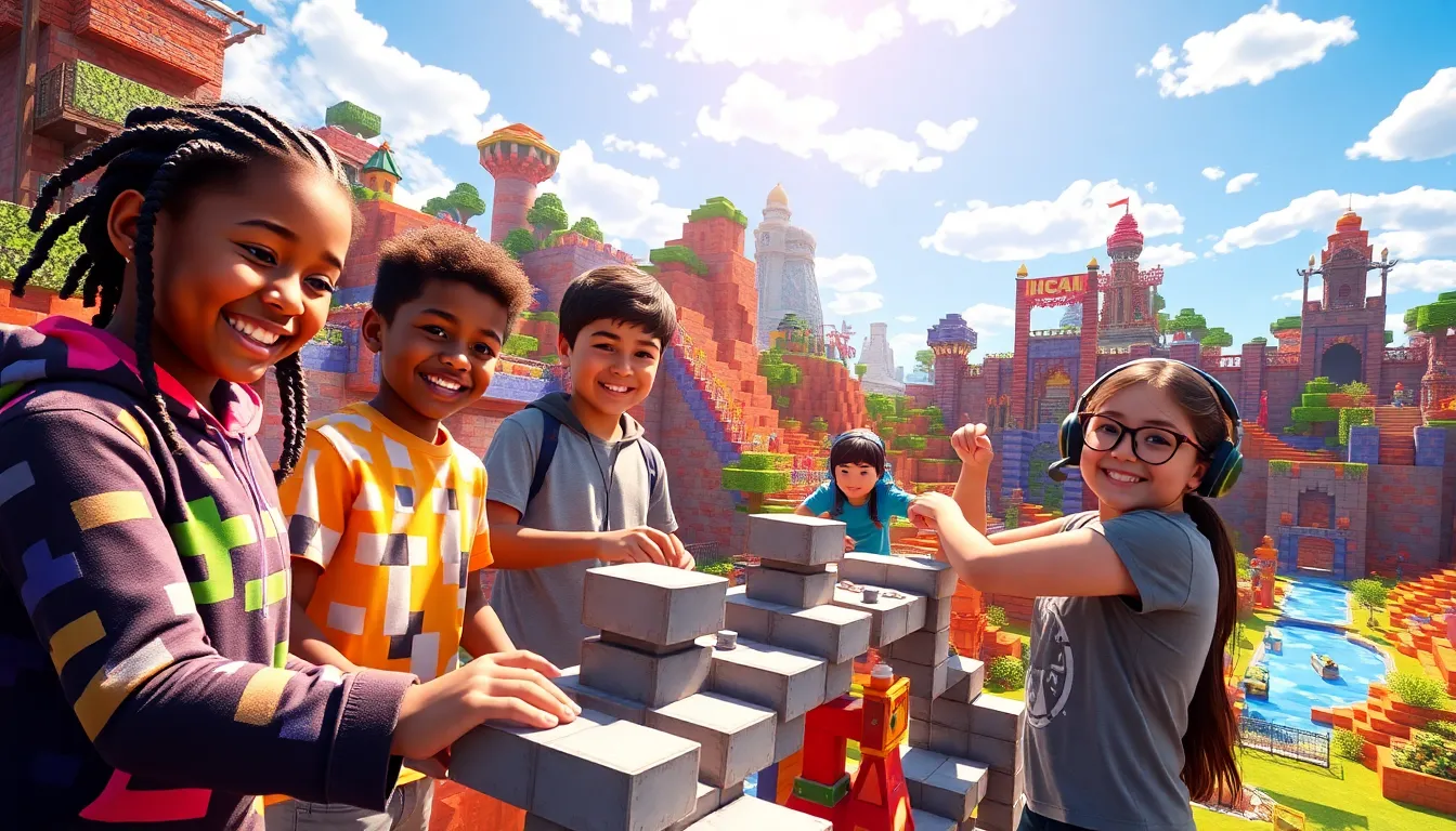 children collaborating in a colorful Minecraft Imagineergames environment.