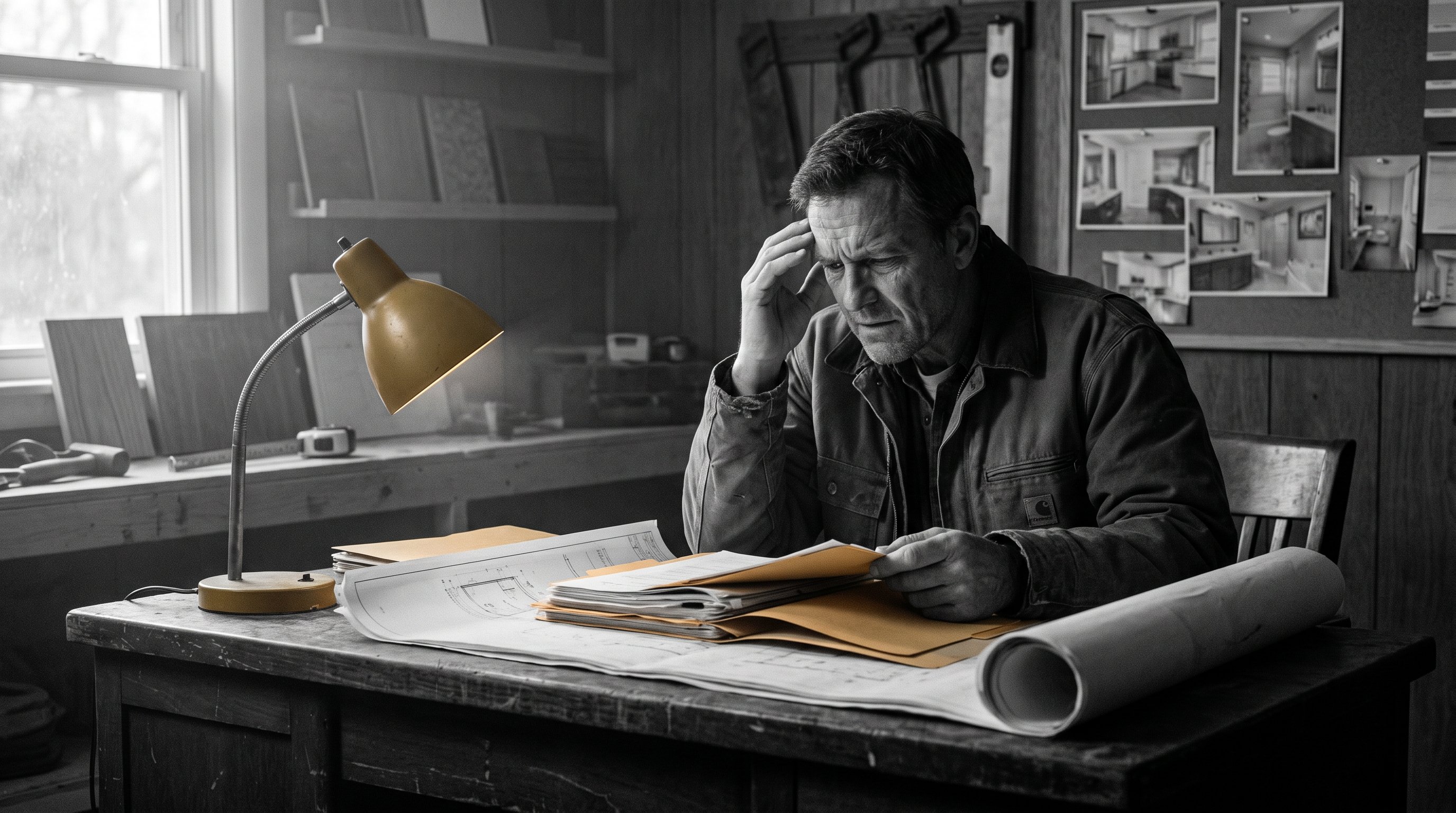 Contractor overwhelmed by competing remodeling estimates at a workshop desk