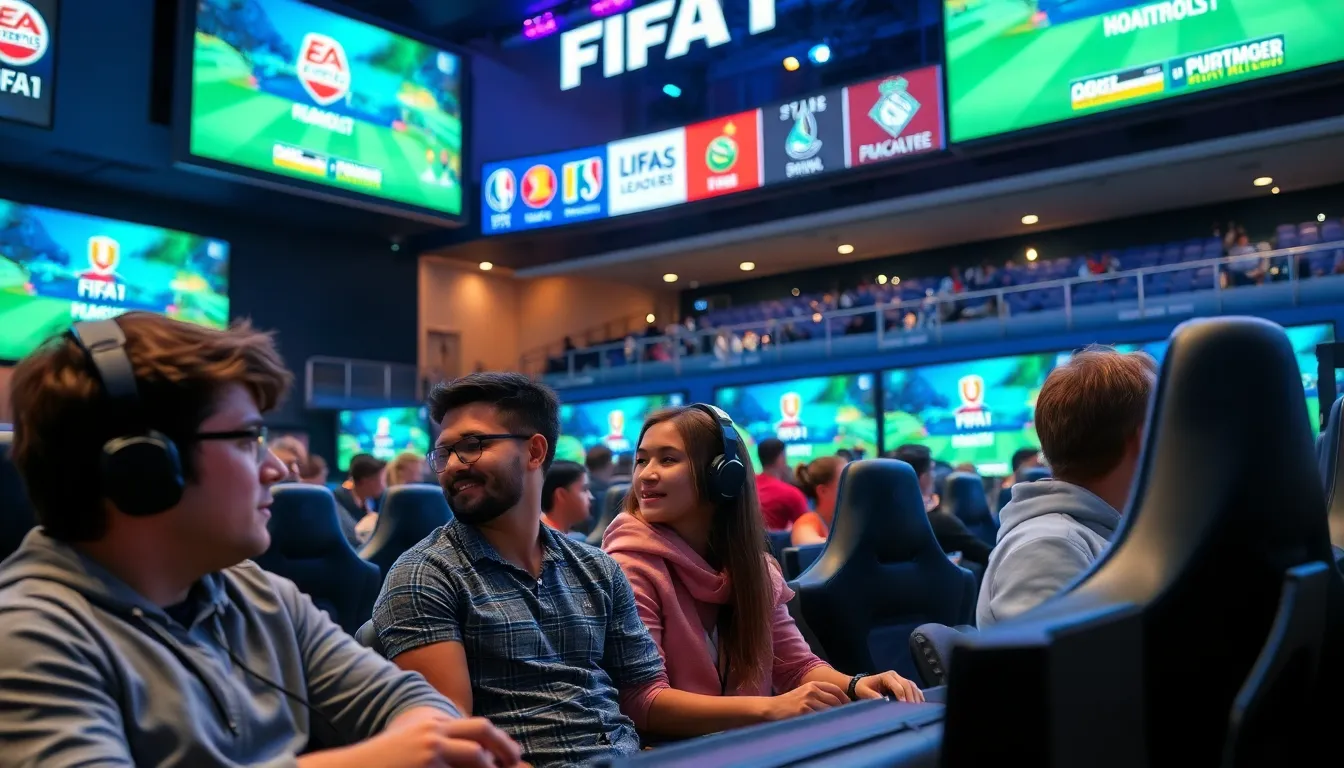 diverse gamers competing in a FIFA 1 eSports arena.