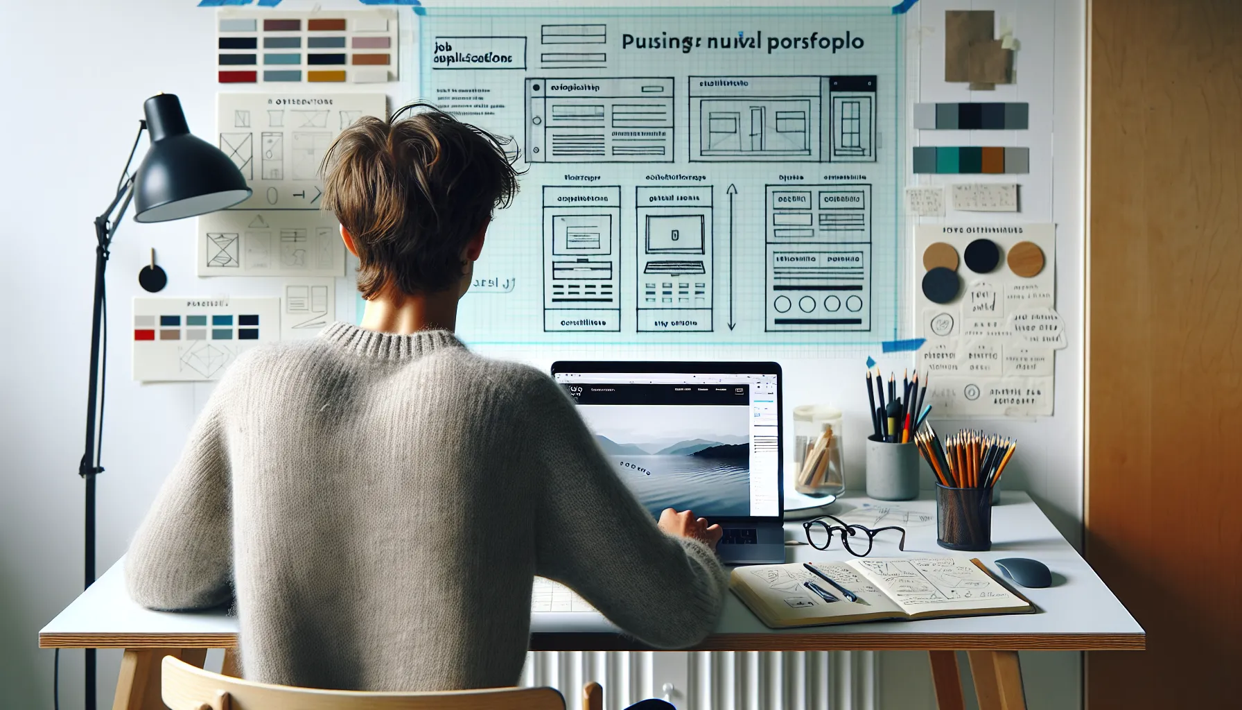 Norwegian designer planning a tailored digital art portfolio on a laptop at home.