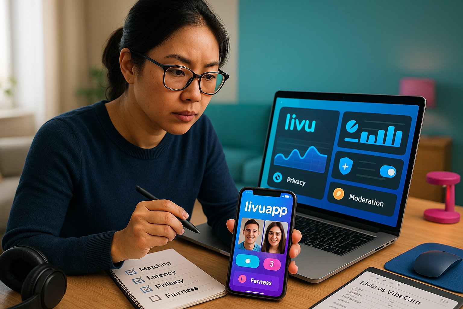 Reviewer testing the LivU app on phone and laptop, with colored UI elements.