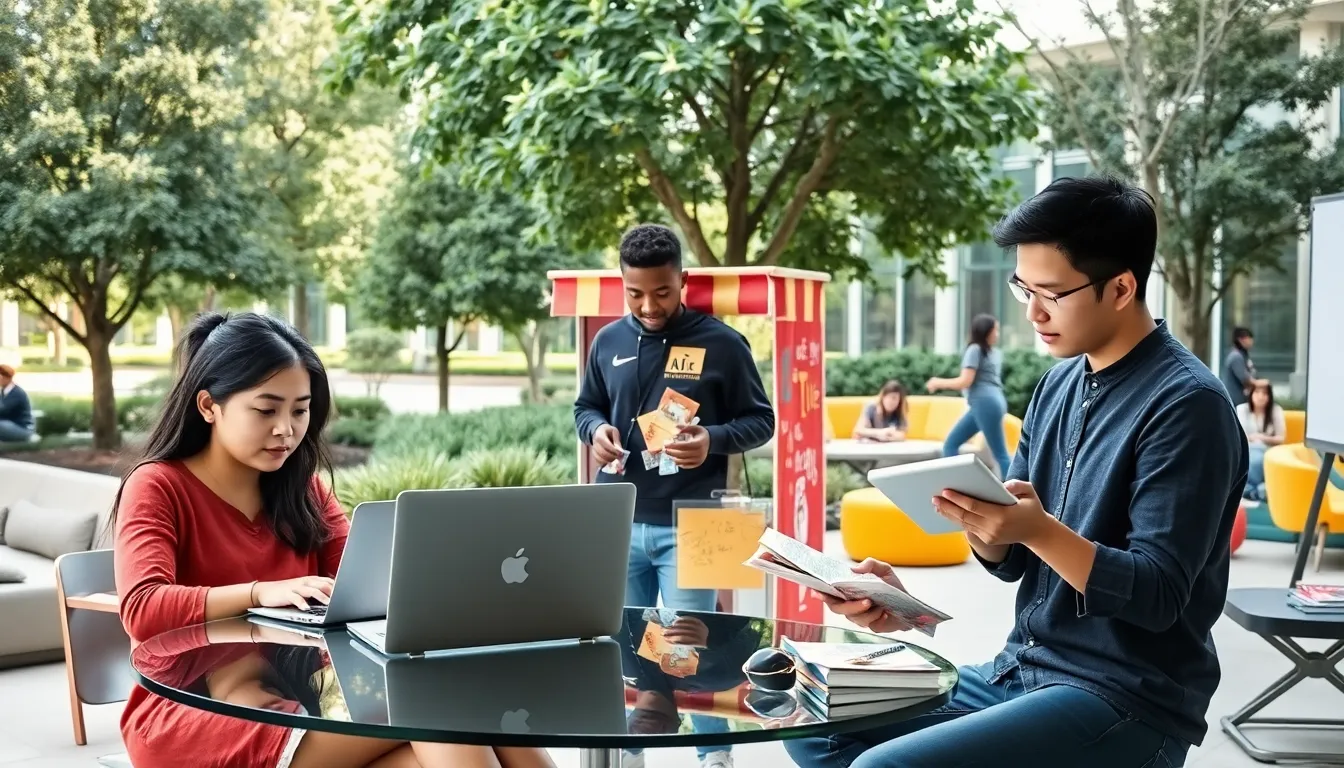 diverse students engaged in various side hustle activities on campus.