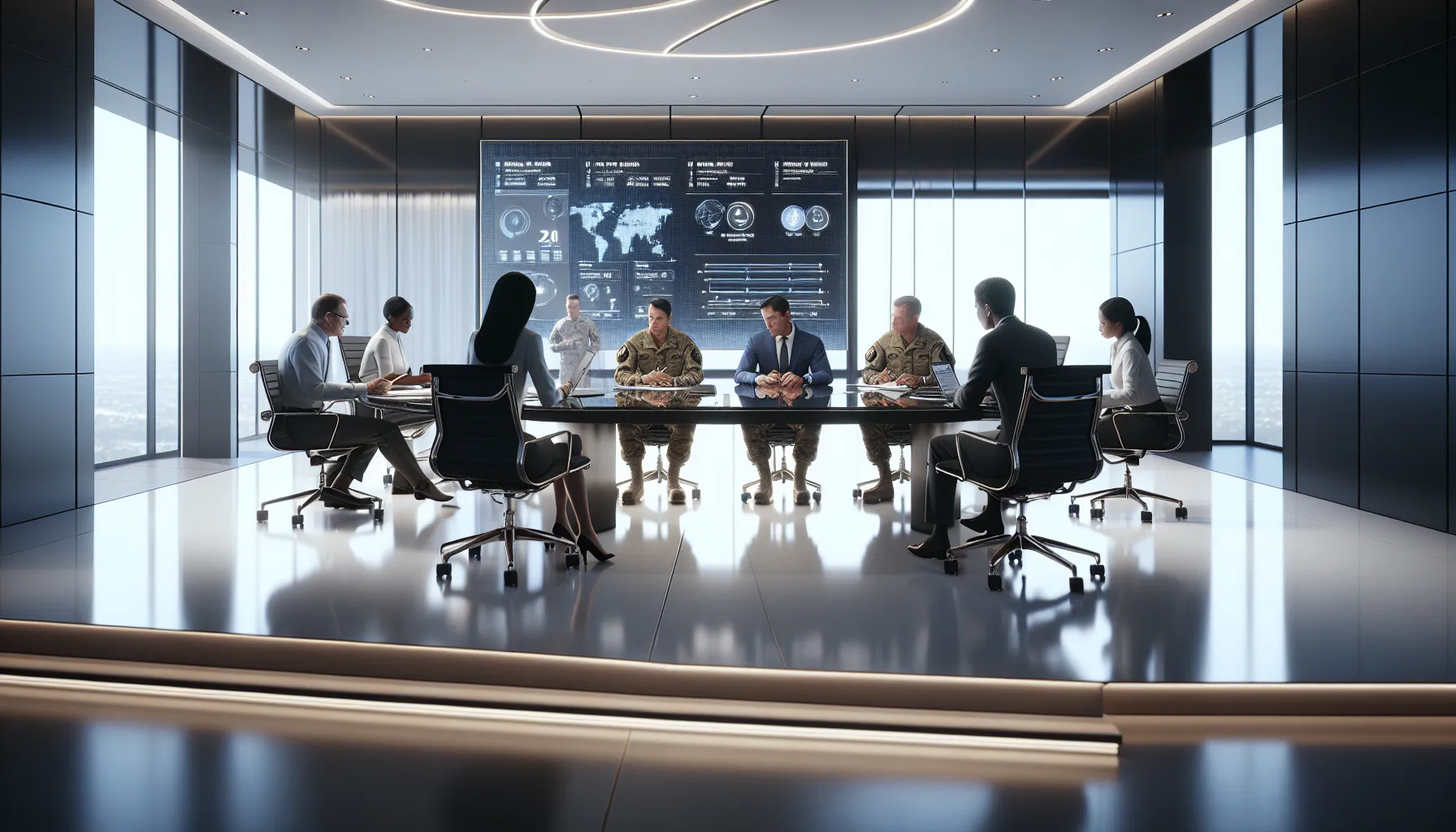 military officials and journalists in a modern conference room discussing narratives.