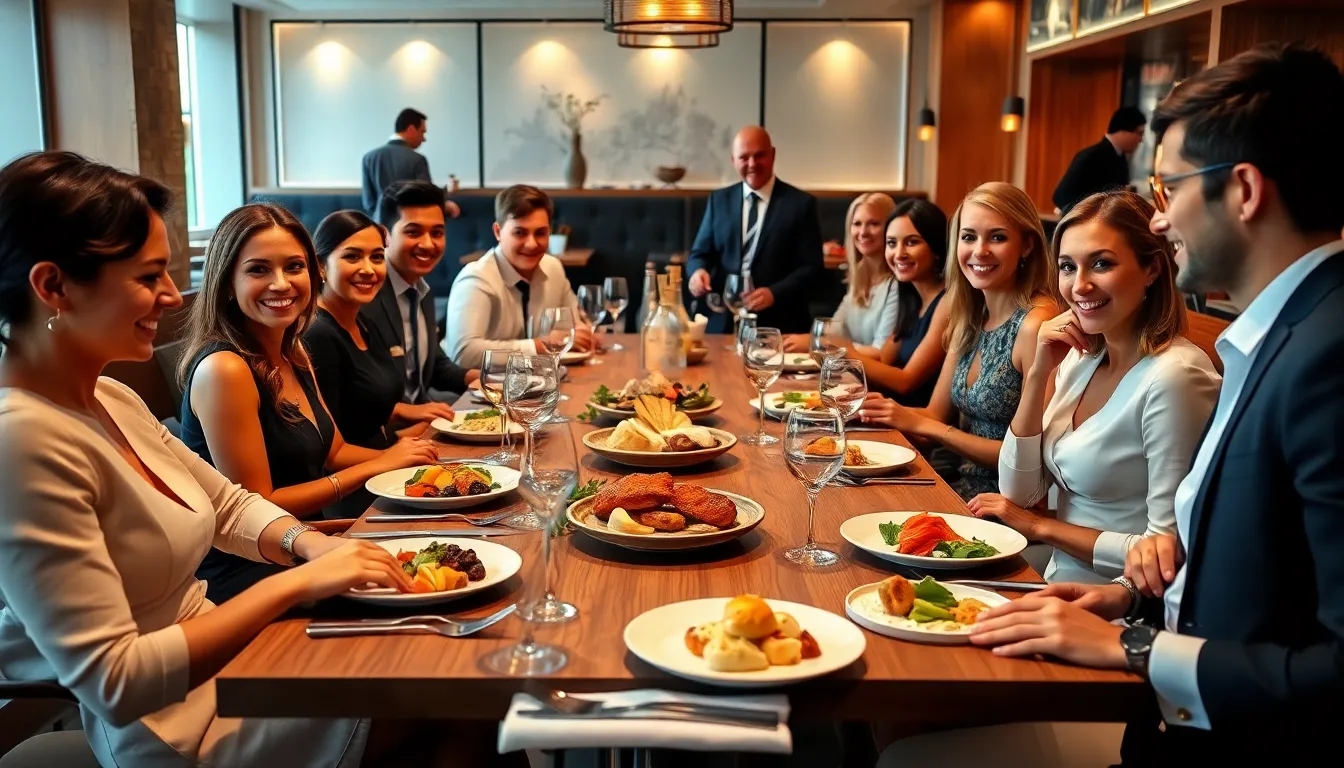 diverse diners enjoying traditional Austrian dishes in a stylish restaurant.