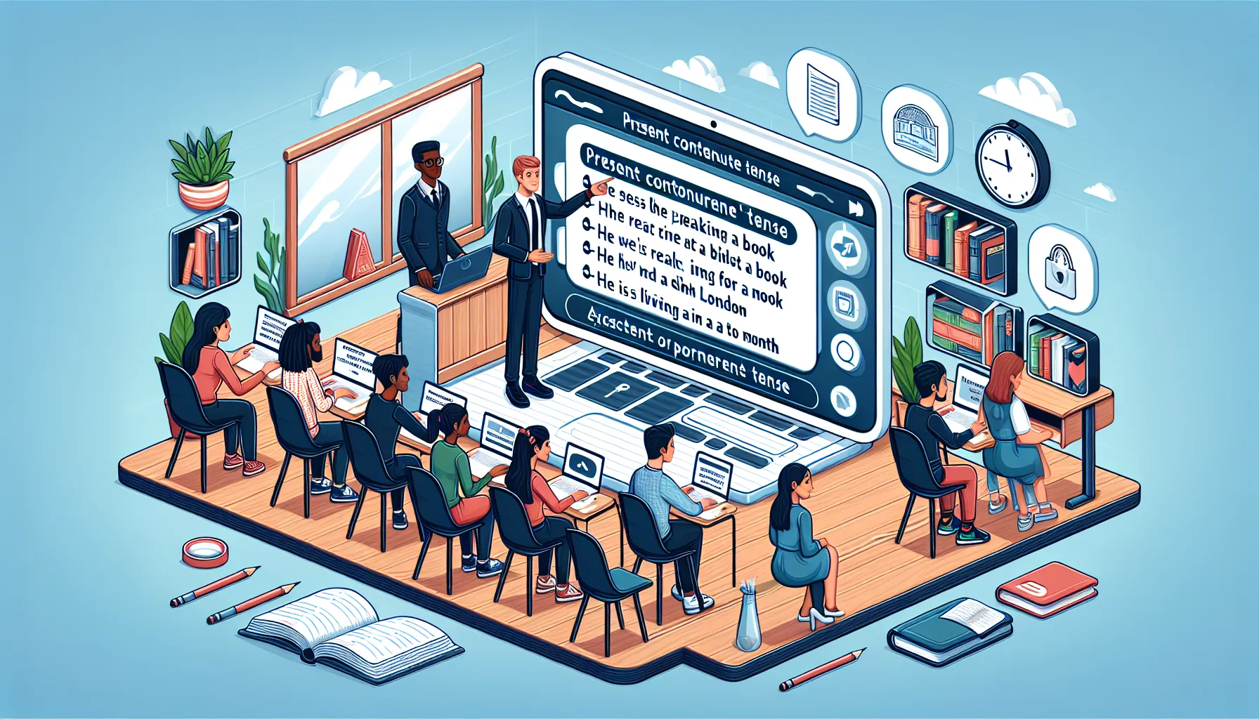 A modern educational scene depicting the Present Continuous tense concept.