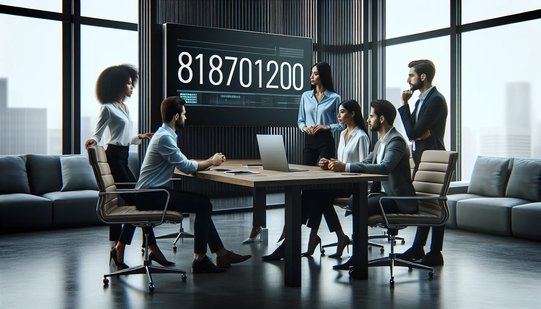 diverse team analyzing a significant number in a modern office.