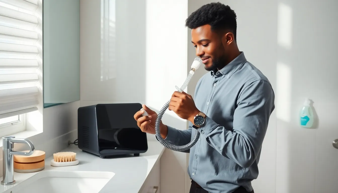 person cleaning a CPAP hose in a modern bathroom.