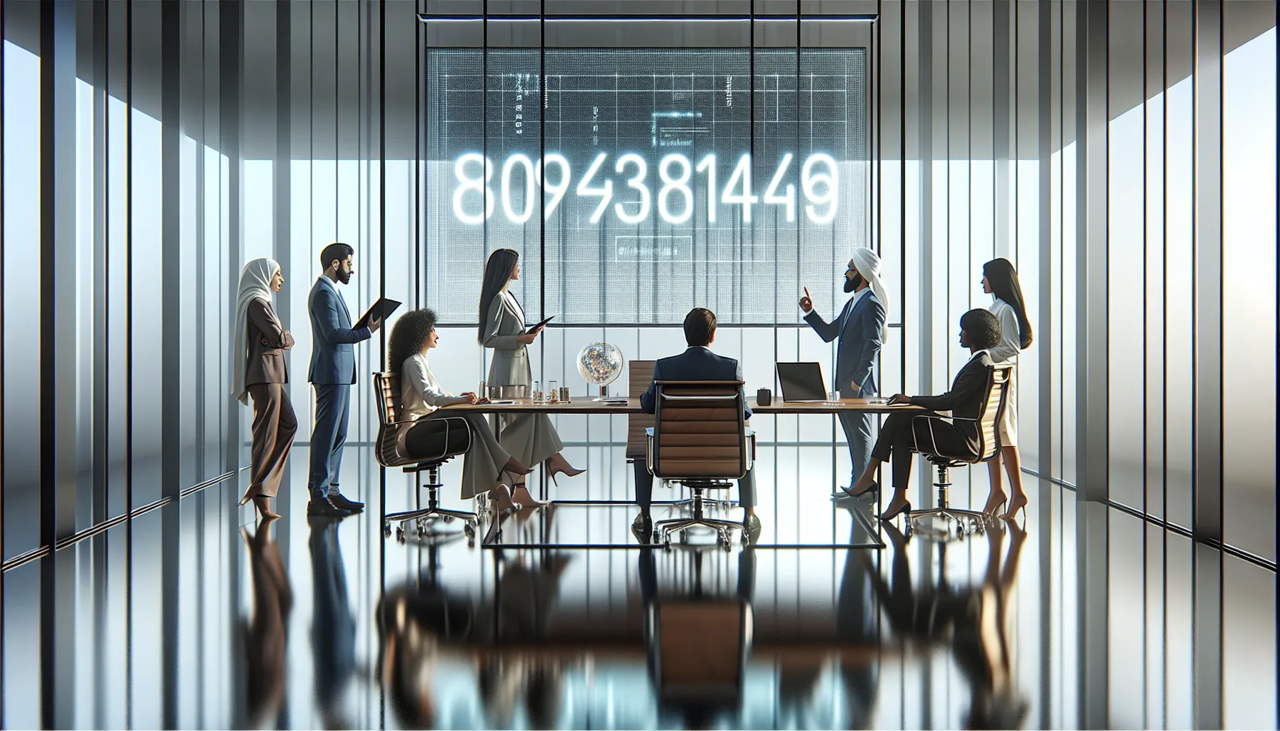diverse professionals discussing a significant number in a modern office.