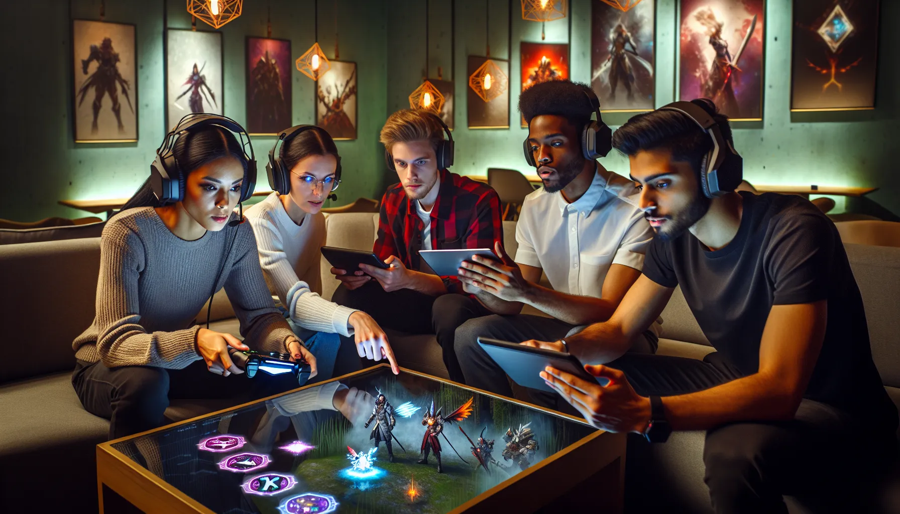 diverse gamers collaborating on strategies in a modern gaming lounge.