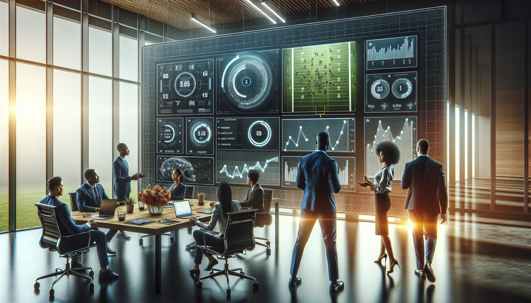 team analyzing football statistics on a large screen in a modern office.