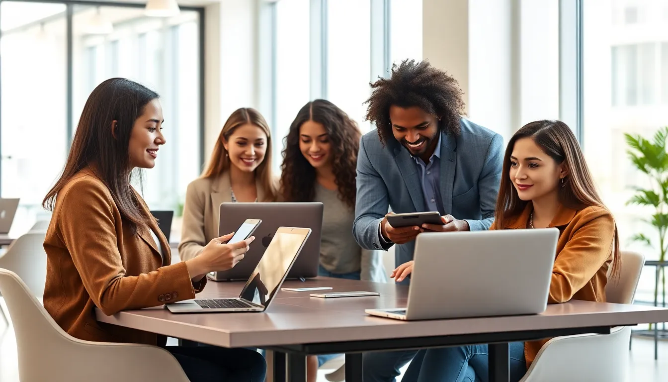 diverse professionals collaborating in a modern digital workspace.